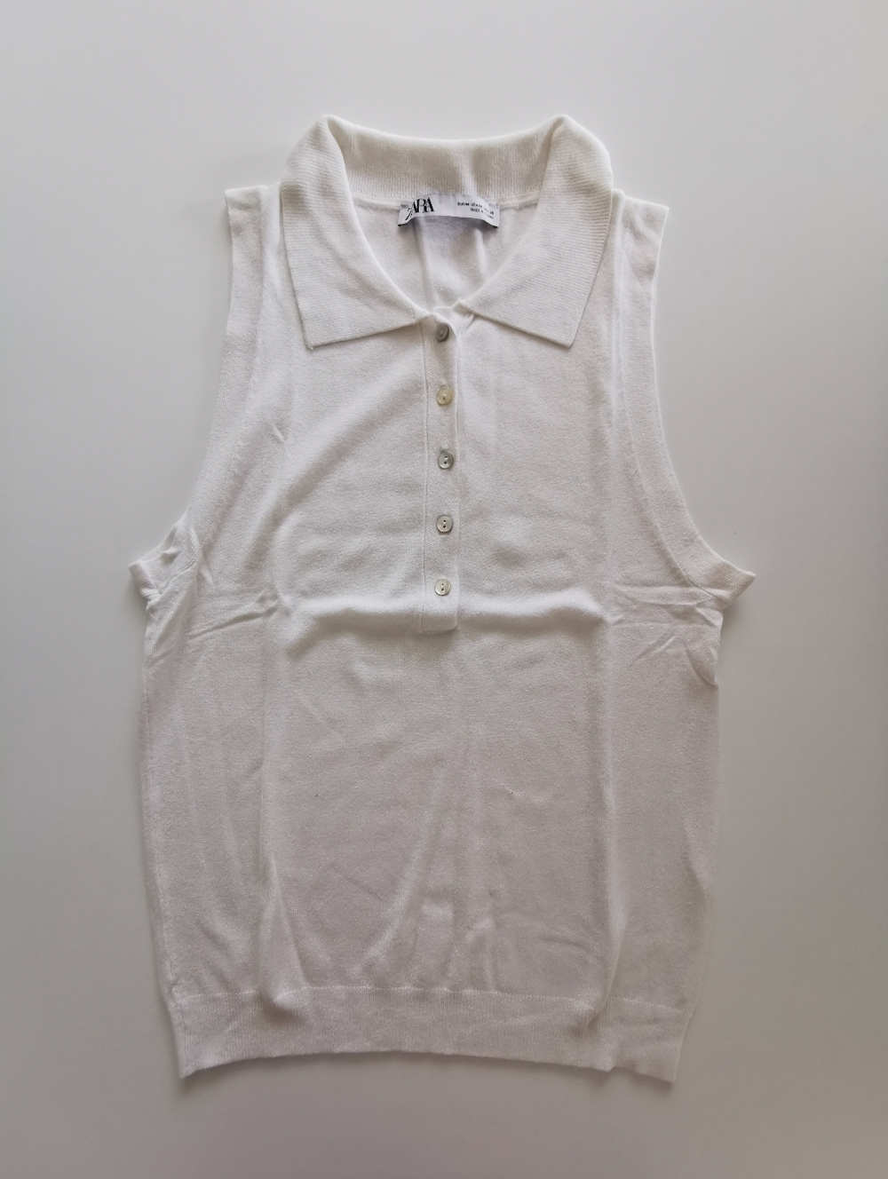 ZARA White Sleeveless Polo Collar Quarter Button-Up Knit Tank Top